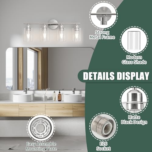 Image of Bathroom Vanity Light Fixtures Brushed Nickel,4 Lights Rustic Farmhouse Vanity Bar Lighting Over Mirror Modern Industrial Wall Sconces Lamp with Cylinder Glass Shade