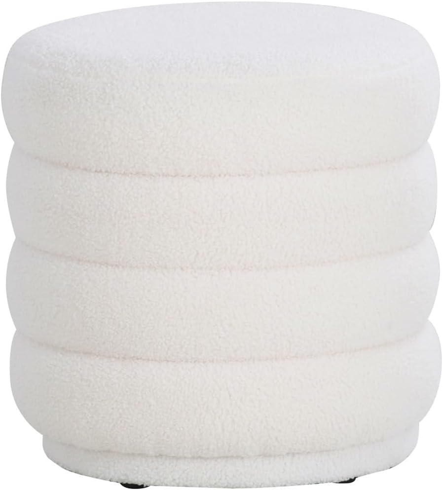 Linon Sherman White Sherpa Round Ottoman with Stitched Channel Designs
