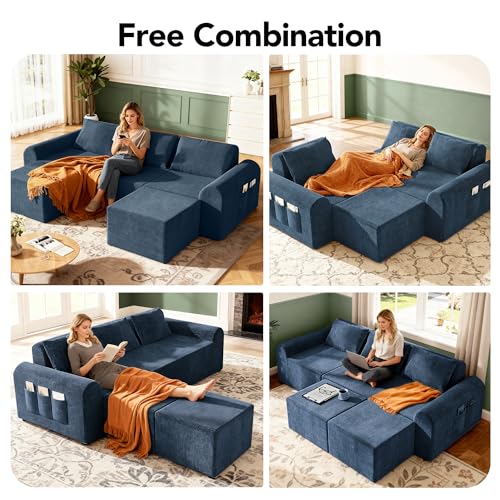 Decofy Cloud Modular Sectional Sofa, No Assembly Deep Seat Chenille Couch with 2 Ottomans, 3-Seater Modular Sofa for Living Room, Blue