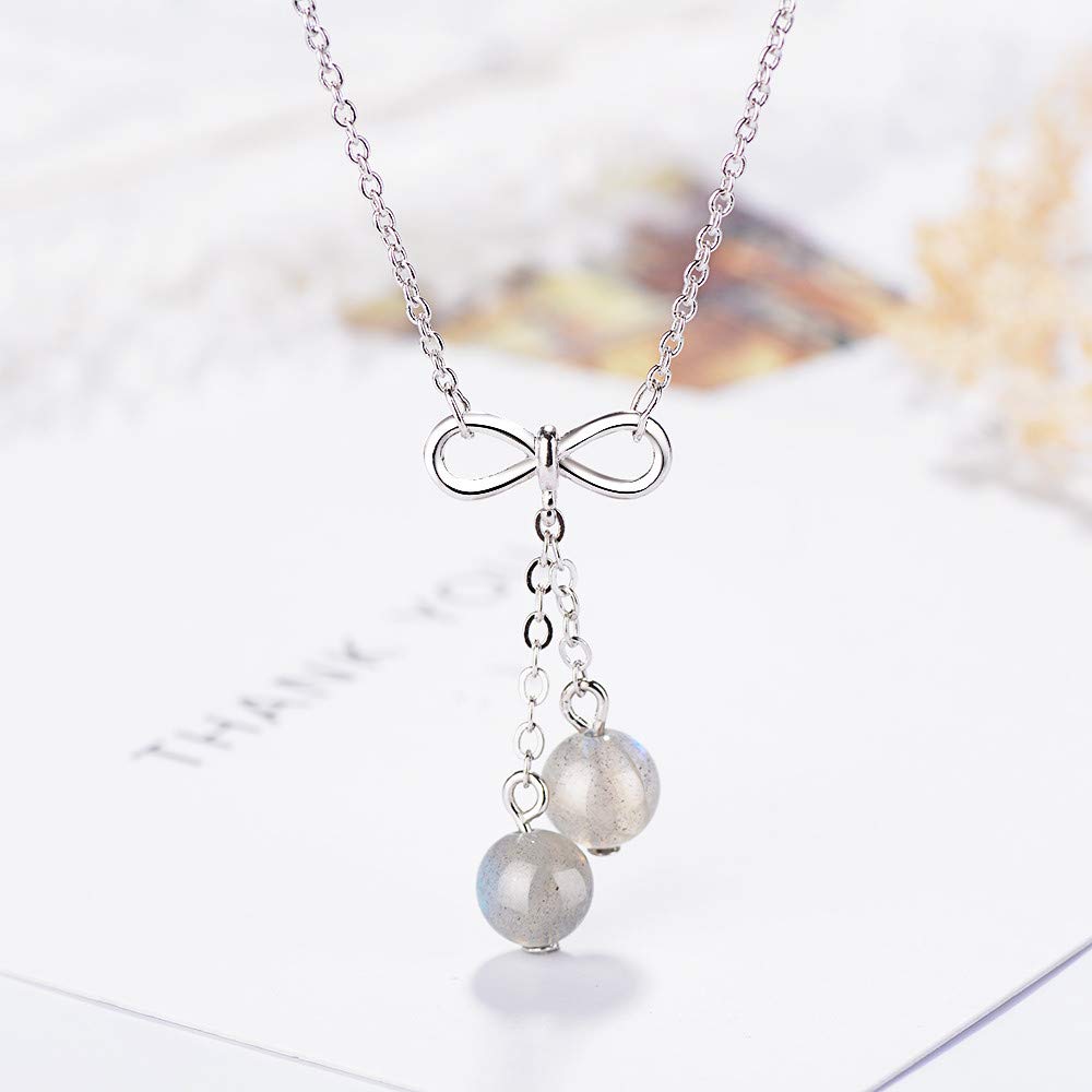 Truskawkowy Kryształ Kamień Księżycowy Koraliki Tassel Bowknot Wisiorek Naszyjnik Kobiety 925 Sterling Silver Chain Naszyjnik