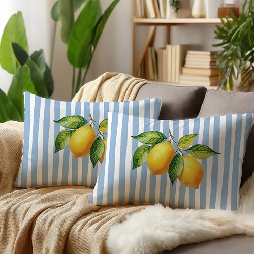 Image of Summer Blue and Yellow Italian Mediterranean Amalfi Coast Lemon Pillow Cover Decor 12x20,Italian Striped Decorative Throw Pillow Cover Decor for Couch Double-Sided Set of 2