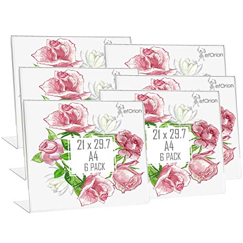 e!Orion Juego de 6 Soporte de sobremesa DE 21 x 29.7cm (A4), Portafotos de plástico Transparente, Idea para Hogar, Oficina, Bar y Restaurante (Horizontal)