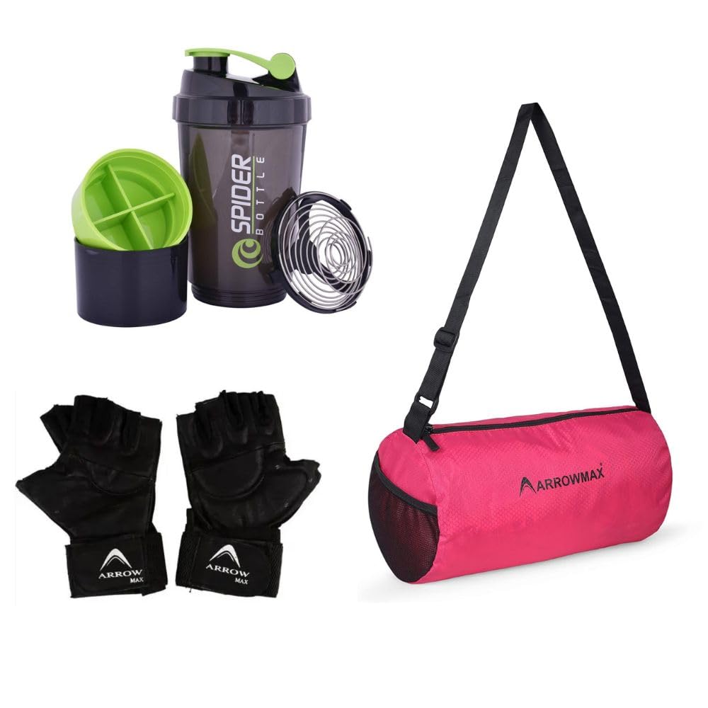 arrowmax Gym Bag for Men Women Boys Girls Kit with Gym Shaker Bottle Bpa Free & Gym Gloves with Wrist Support - Ideal Gym Kit Combo (Pink)-picture-2