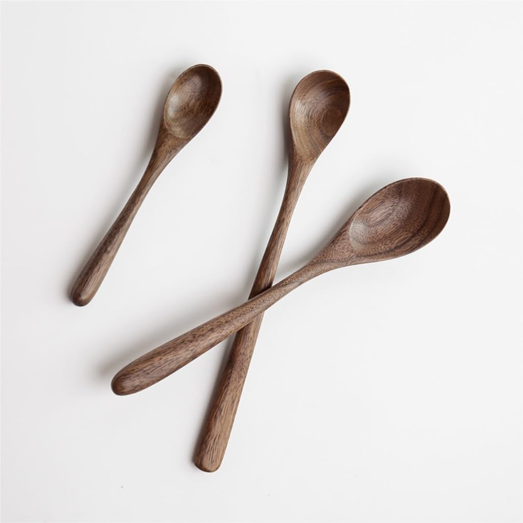 Spoons 3 Pieces of Black Walnut Wooden Spoon Simple Small Soup Spoon Ramen Spoon Long Handle Spoon Coffee Spoon Mixing Spoon