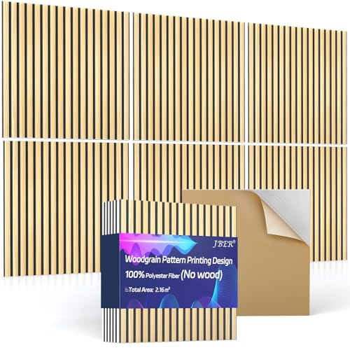 JBER 6 Piezas Paneles Acusticos Autoadhesivos, Aislante Acustico de Alta Densidad, Paneles Insonorizacion Acústica Decorativos, Tratamiento Acústico para Estudio, 60 x 60 cm, Color Roble Natural