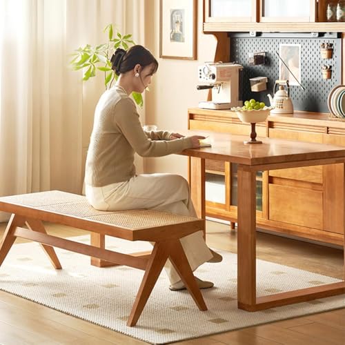 Banco de roble macizo y asiento de ratán moderno para sala de estar 4