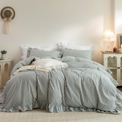 ELIMMO Striped Ruffle Duvet Cover Set Washed Cotton Linen Feel 3‑Pcs King