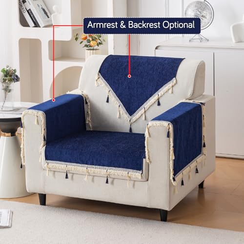 Image of HOKIPO 'Serenity Tassel' Chenille 1 Seater Sofa Cover with Tassel - Sapphire Navy (IN-890-NBL)