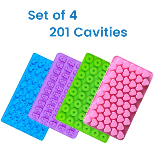 Image of WARM TIME Gummy Bear Candy Molds Silicone, Mini Gummy Molds with 2 Droppers, Food Grade Non-Stick Silicone Molds Including Heart, Dinosaur, Bear, and Donut, Set of 4