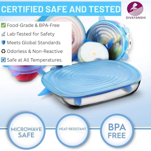 Divayanshi Silicone Stretch Lids for Food Storage | Reusable & Airtight Curved Dish   Covers | for outdoor picnic | BPA-Free, Leak-Proof, Microwave & Freezer Safe – Pack of 6 Flexible Silicone Lids - Image 4 thumbnail