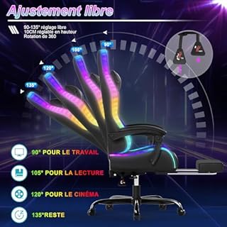 Devoko Chaise Gaming Ergonomique avec LED RGB, Massage Lombaire & Repose-Pieds – Fauteuil Gamer avec Appui-tête réglable – Dossier inclinable & Hauteur Ajustable – 180 kg – Noir