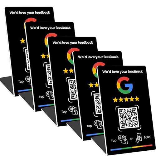 Review Business Stand for Google, Review Sign NFC Tap & Dynamic QR Code, Easy Setup with Review Link Management, No APP Required, Review Us On Google (Black, 5 Pieces)