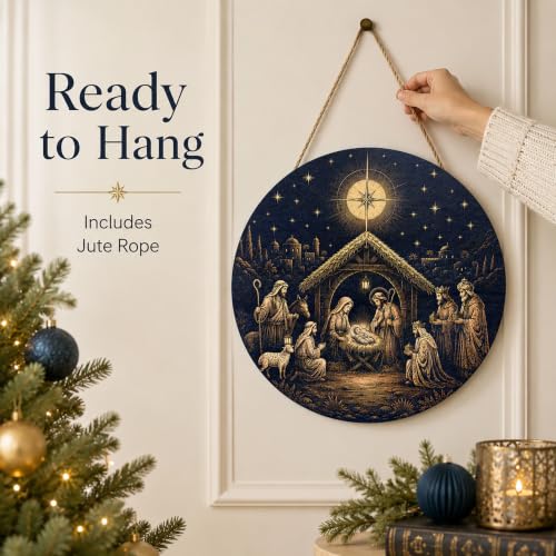 Image of Christmas Decorations - Jesus Nativity Scene Wooden Sign for Front Door