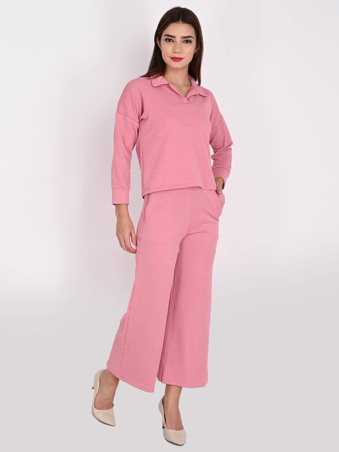 ORIEX THE ORIGINAL FASHION-Girls V-Neck Collared Top Wide Leg Trouser Set||Two Piece Co-ord Set||Lycra Top And Trouser Set||Sleepwear Over Size||Casual clothing Set-136 Pink 12-13 Years 1