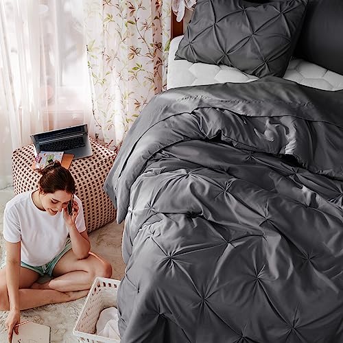 Image of Bedsure Twin Comforter Set Dark Grey - Bed in a Bag Twin Size Bedding 5 Pieces, GentleSoft Pintuck Bed Set Gift for Family, All Season Down Alternative Comforter with Sheets, Pillowcase & Sham