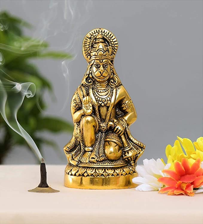 Mythology Centre Hanuman Ji Statue Sitting In Metal Hanuman Ji Idol Bajrangbali Murti Gift Article Decorative Showpiece, Multicolour, 1 Piece.