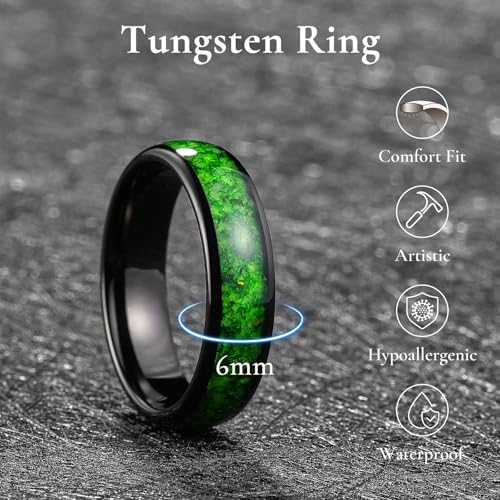 King Will Tungsten Carbide Wedding Band Rings for Men - 6mm Black/Rose Gold/Brown Promise Rings Inlay Green Grass Agate, Domed High Polished, Comfort Fit Size 7-142