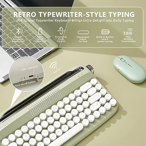 YUNZII Upgraded Wireless Keyboard, Retro Keyboard Typewriter Style with Integrated Stand, USB-C/Bluetooth Keyboard with Cute Round Keycaps for Multi Device for Win/Mac (B307, Sweet Mint)