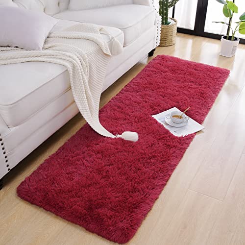 Chicrug Soft Runner Rug For Bedroom Living Room Plush Fluffy Rug 2X6 Feet, Shag Furry Runner Rug Carpet Non Shedding For Nursery Children Kids Girls Room Home Decorative, Wine Red #TOP4