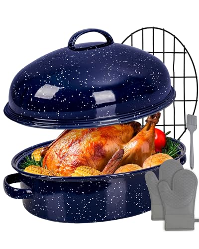 MCCSI Roasting Pan with Lid & Rack 18 Inch 5 Pieces Extra Large Deep Turkey Oval Enamel Baking Pan for 572°F Oven Dishwasher Safe Non-Stick Non-Toxic Domed Pot Thanksgiving Mother Day Gift Roaster Set