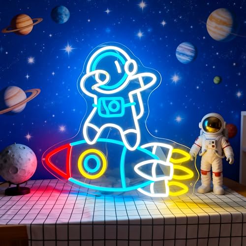 Image of Astronauts & Rockets Neon Sign, Dimmable Spaceman LED Neon Light for Wall Decor Space Room Decor for Gifts for Teen Kids, Man Cave,Game Room