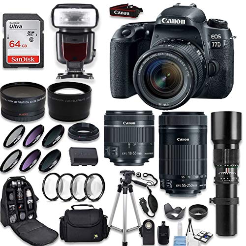 Canon EOS 77D DSLR Camera + Canon 18-55mm is STM Lens + Canon EF-S 55-250mm Lens & 500mm f/8.0 Lens + 0.43 WideAngle Lens + 2.2 Telephoto Lens + Macro Close-ups + Accessories (Holiday Special Kit)