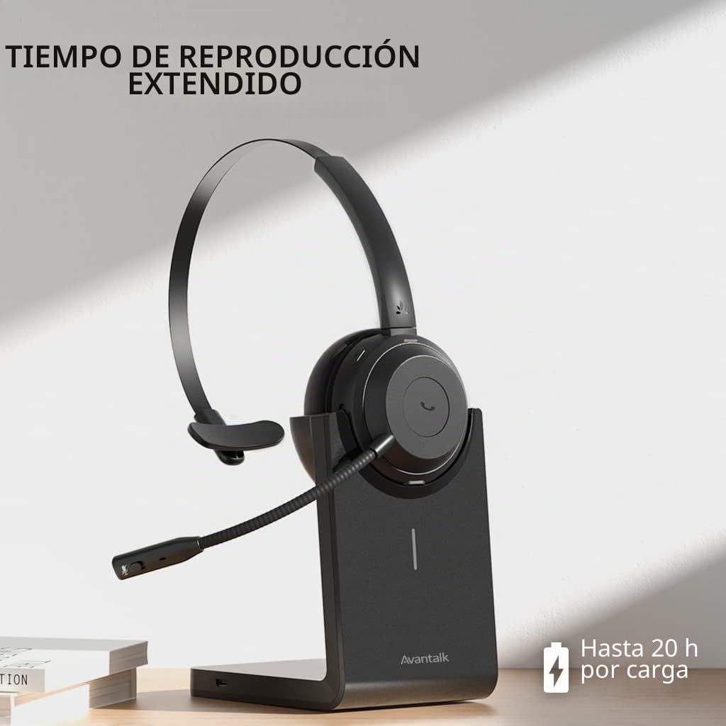 Avantalk Alto Solo - Auriculares Inalámbricos con Micrófono para PC y Ordenador, con Solución Bluetooth Qualcomm, Cancelación de Ruido CVC, Soporte de Carga, Modo Silencio y Audio con Cable