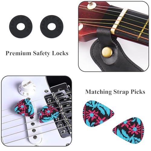 Image of Adjustable Guitar Strap Includes 2 Strap Locks & 2 Matching Picks & 1 Picks Holder & 1 leather Strap Button.