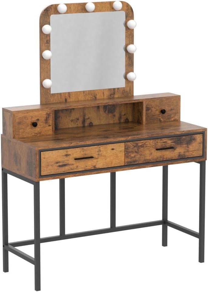 SUNVIVI Vintage Vanity Desk with Lighted Mirror, 40" Large Dressing Makeup Vanity Table with 4 Drawers, 3 Color Lighting Modes & 10 Brightness, Dressing Table with Metal Frame for Woman Adult Bedroom