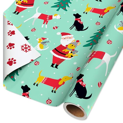Papier cadeau Noël double face avec motifs chiens et flocons de neige