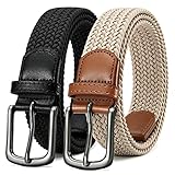 CHAOREN ウーブンベルト メンズ 2パック - ストレッチベルト 1 3/8インチ ゴルフパンツ用 ギフトセットボックス入り - タイトな伸縮性デザイン, ブラック&カーキ, 38 (Fit Pants Size 36)