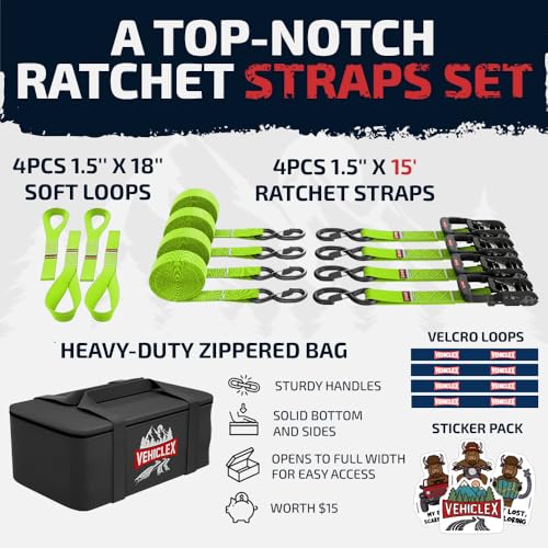 Image of Vehiclex 1.5 inch x 8' Motorcycle Ratchet Tie Down Straps, 4 Pack, Green | 4,400 lbs Break Strength, Full Bend S Hooks with Safety Clips, Soft Loops, for Powersports