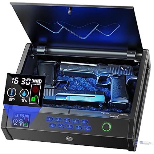 HOLEWOR Gun Safe, Biometric Gun Safes for Pistols with LCD Display of Temperature Humidity, Fingerprint Quick Access Pistol Safe Solid Handgun Safe with USB C Port