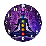 AOYEGO Meditating Woman in Lotus Pose Wall Clock Colorful 9 Chakras and Aura Glow Spiritual Round Clocks Wall Decorative Silent No Ticking 10 inch 25cm PVC Rustic Modern for Bedroom