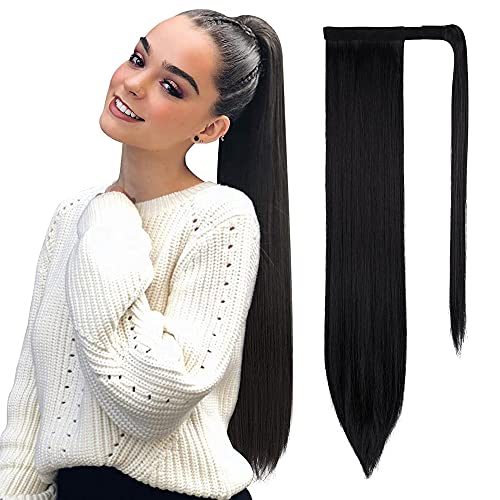 KOODER Ponytail Extension Wrap Around Ponytail Long Straight Ponytail Extension Clip in Ponytail Hair Extensions Synthetic Hairpiece for Women28-1# dark black