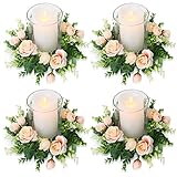Acmee 4 Pcs Artificial Rose Candle Rings - Floral Wreaths with Eucalyptus Leaves Greenery Garland fo