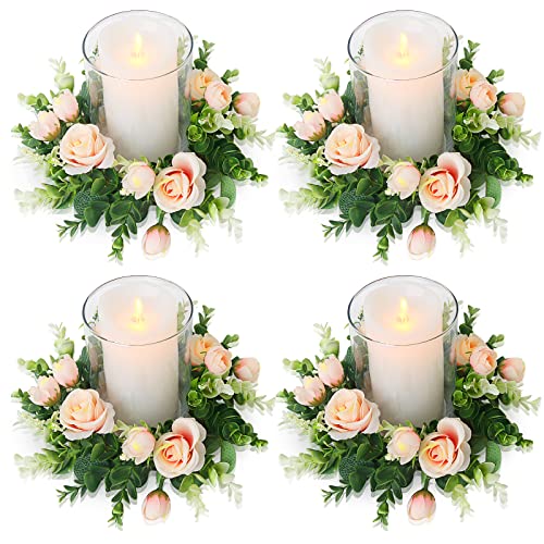 Acmee 4 Pcs Artificial Rose Candle Rings - Floral Wreaths With Eucalyptus Leaves Greenery Garland For Pillar Candle Lantern Wedding Centerpiece Party Home Table Decor(Champagne) #TOP13