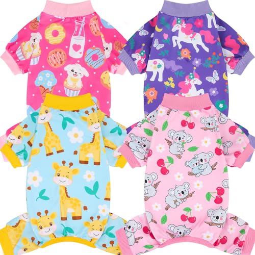 XPUDAC 4 Pieces Dog Pajamas for Small Medium Sized Dogs Stretchable Dog Pjs Soft Puppy Clothes Boy Girl Cats Pet Outfits, S