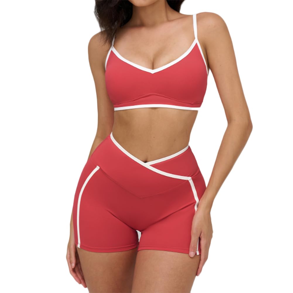 XYFfybhsd Women 2 Piece Contrast Color Quick Dry Yoga Set Beauty Sportswear Push Hip Shorts Pants Yoga Workout (Size:L,Color:Red 2)