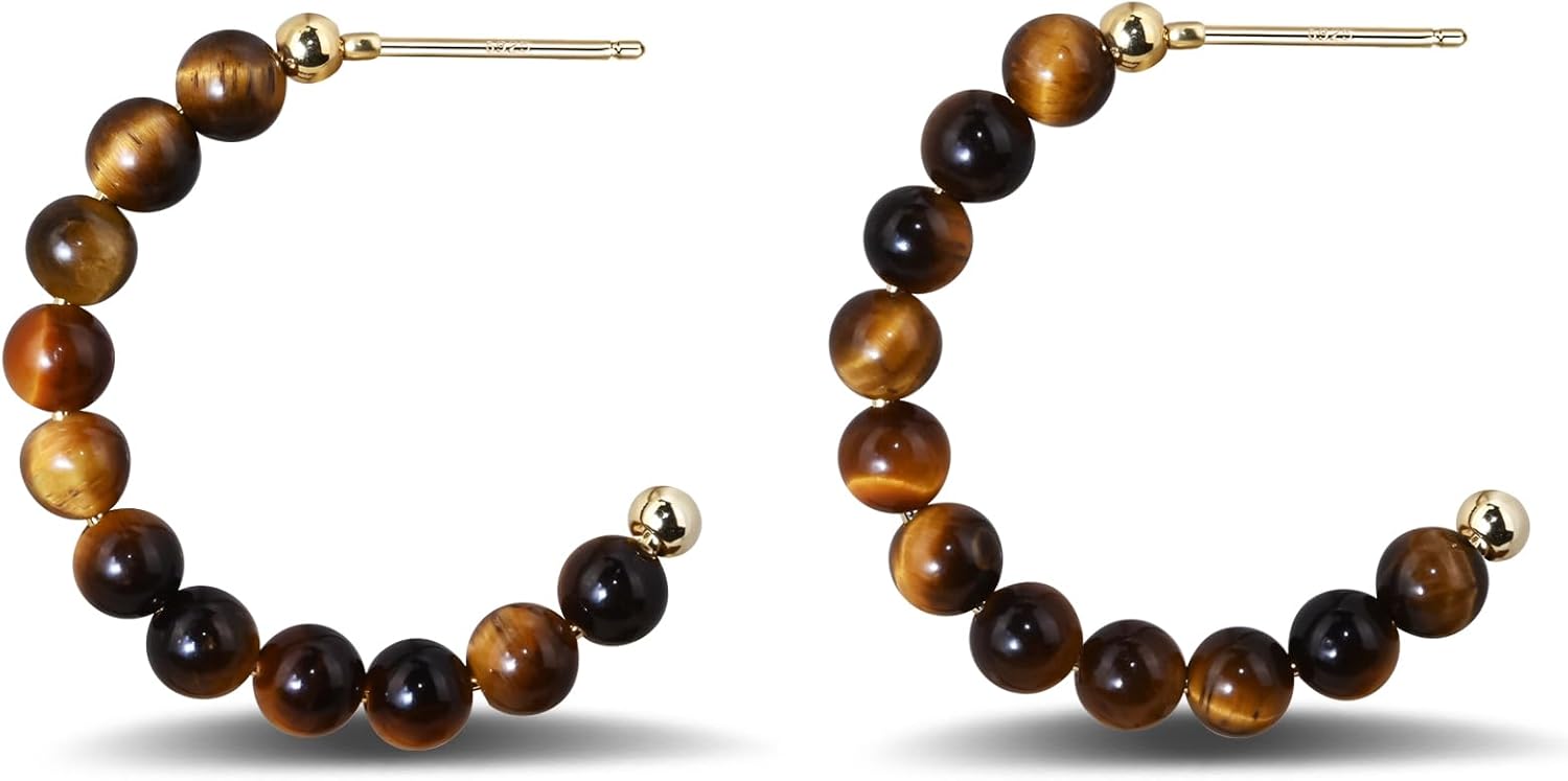 14K Gold Plated Tiger Eye Turquoise Hoop Earrings Gemstone Stud Earrings for Women Beaded Hoop Earrings for Gift