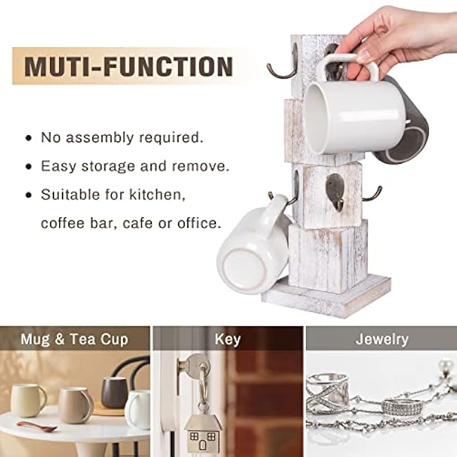 Coffee Mug Holder Tree, Rustic Solid Wood Mug Tree Stand with 8 Hooks, Farmhouse Coffee Cup Holder for Counter, Mug Hanger for Kitchen Organizer, Farmhouse White