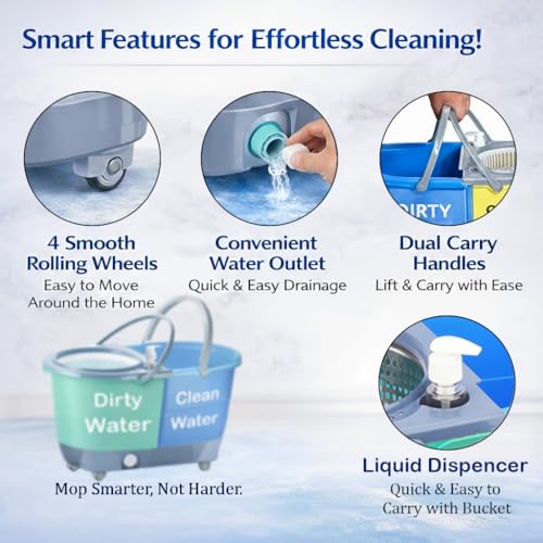 Image of V-MOP Premium Jumbo Double Bucket | Deluxe Double Color Mop with Floor Wiper Set, Cleaner & 3 Refill | Trolley Spin Mop-Magic-Floor ((6 Months Warranty on Rod Set))