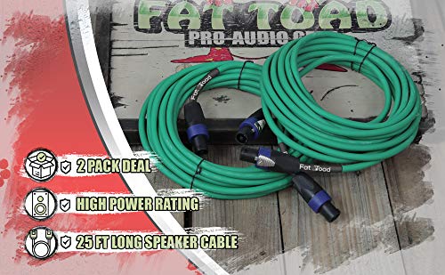 Speakon To Speakon Cables (2 Pack) By Fat Toad | 25Ft Professional Dj Pro Audio Green Speaker Pa Cord With Twist Lock Connector | 12 Awg Wire For Impeccable Studio Recording & Stage Performance Gear #TOP4