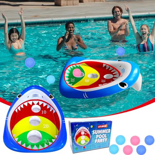 Pool Shark Cornhole Board Games Toys Set, Summer Inflatable Shark Floating Swimming Pool Ring Toss Toys for Kids Adults Family for Pool Party Water Carnival