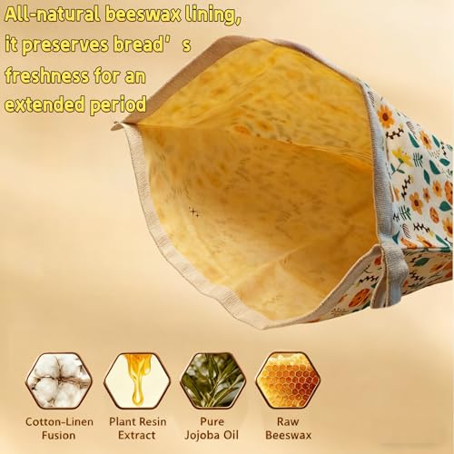 Reusable Beeswax Bread Bags for Homemade Bread Sourdough Loaf 17in x12.9in Large Beeswax Storage Bags farmhouse bread box Cotton Linen Bag 2 Pack Portable Bread Containers (Flower design)