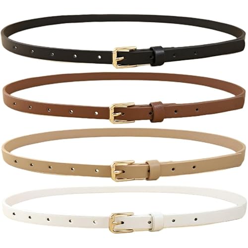 HOTWILL 4 Pack Women Skinny Belts for Jeans Dress Thin Waist Belt for Ladies with Gold Buckle 0.55" Width