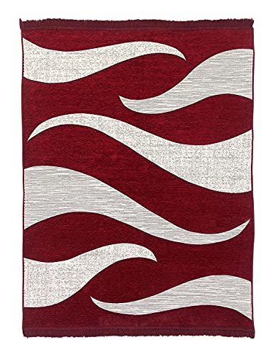 Image of Wave Design Rectangular Chenille Carpet, Maroon, 5X7 Feet | 210 Cm x 152 Cm, Sleek and Spacious, With Binding, For Living Room, Bedroom