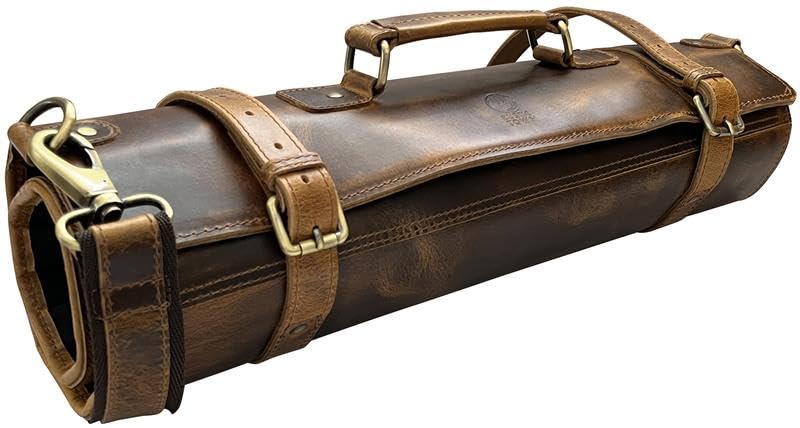 Rustic Town Leather Knife Roll Storage Bag - Elastic and Expandable 11 Pockets with Tool Pouch - Adjustable/Detachable Shoulder Strap - Travel Friendly Chef Knife Case
