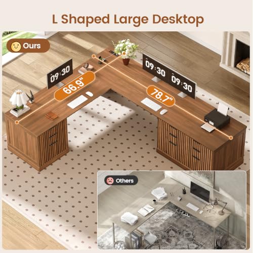 Image of SEDETA Fluted 78.8 inch L Shaped Desk with 6 Drawers, Fluted Brown