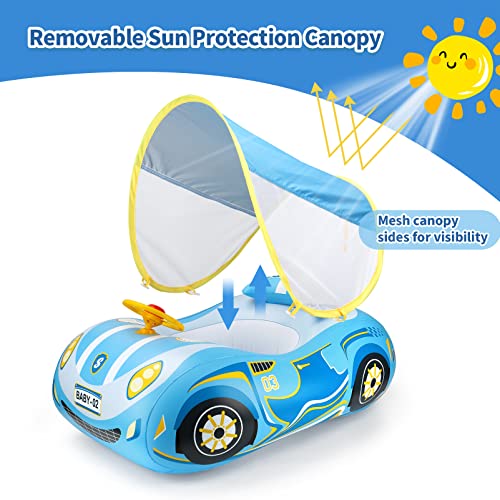 Toddler Pool Float With Adjustable Canopy Inflatable Baby Car Boat With Safety Seat Pool Ride-On Toys For Kids 1-4 Years (Blue Sports Car) #TOP1